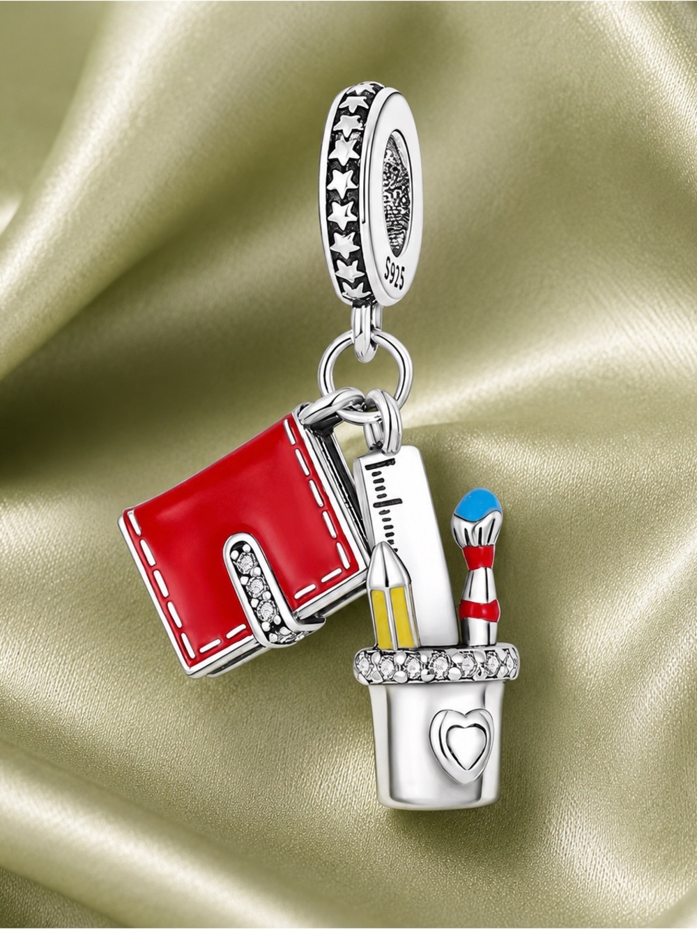 Silver Red Notebook & Art Tools Charm Bracelet Pendant